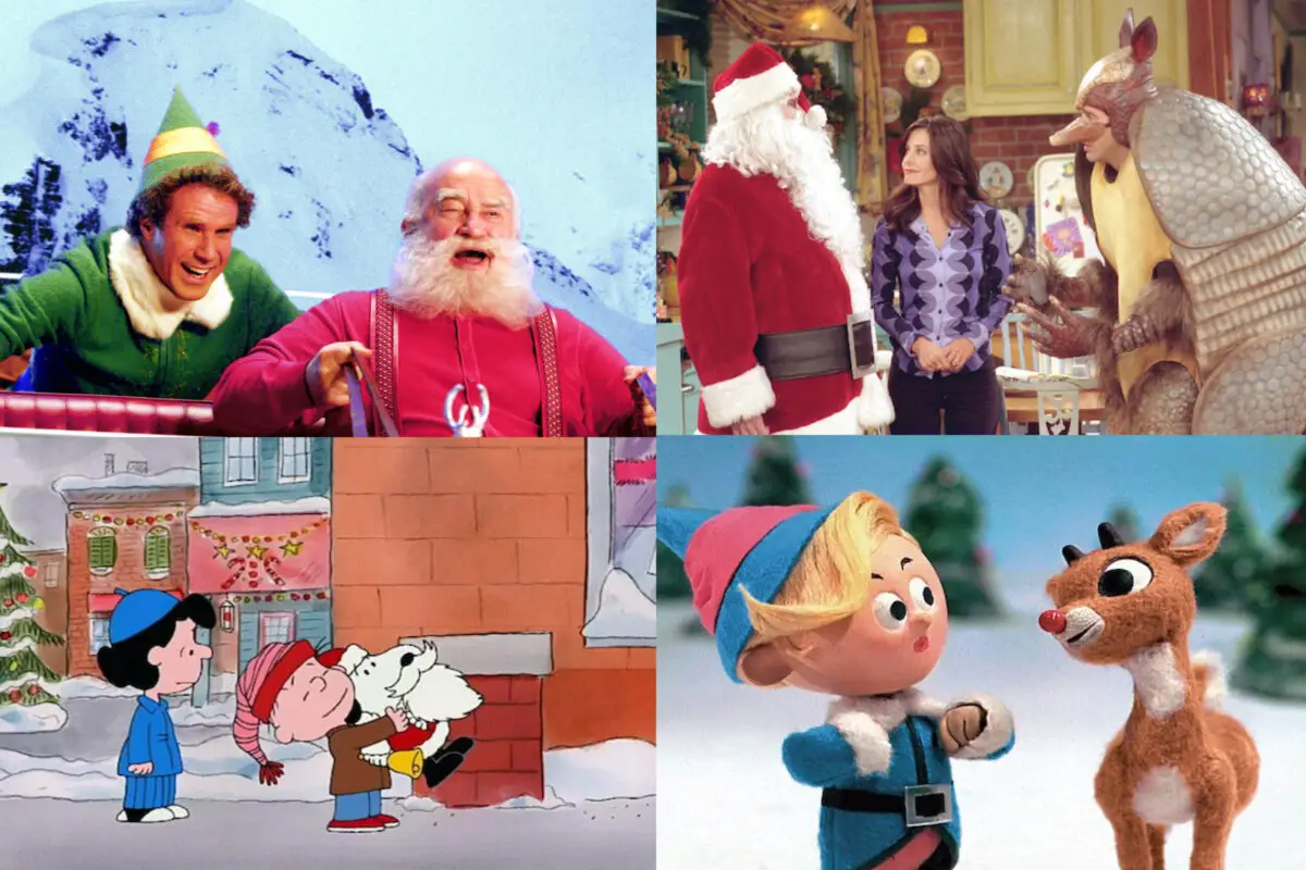 A collage of four Christmas-themed scenes: Buddy and Santa from "Elf," Monica, Santa, and an Armadillo from "Friends," characters from "A Charlie Brown Christmas," and characters from "Rudolph the Red-Nosed Reindeer, making it The Ultimate Holiday Movie List.