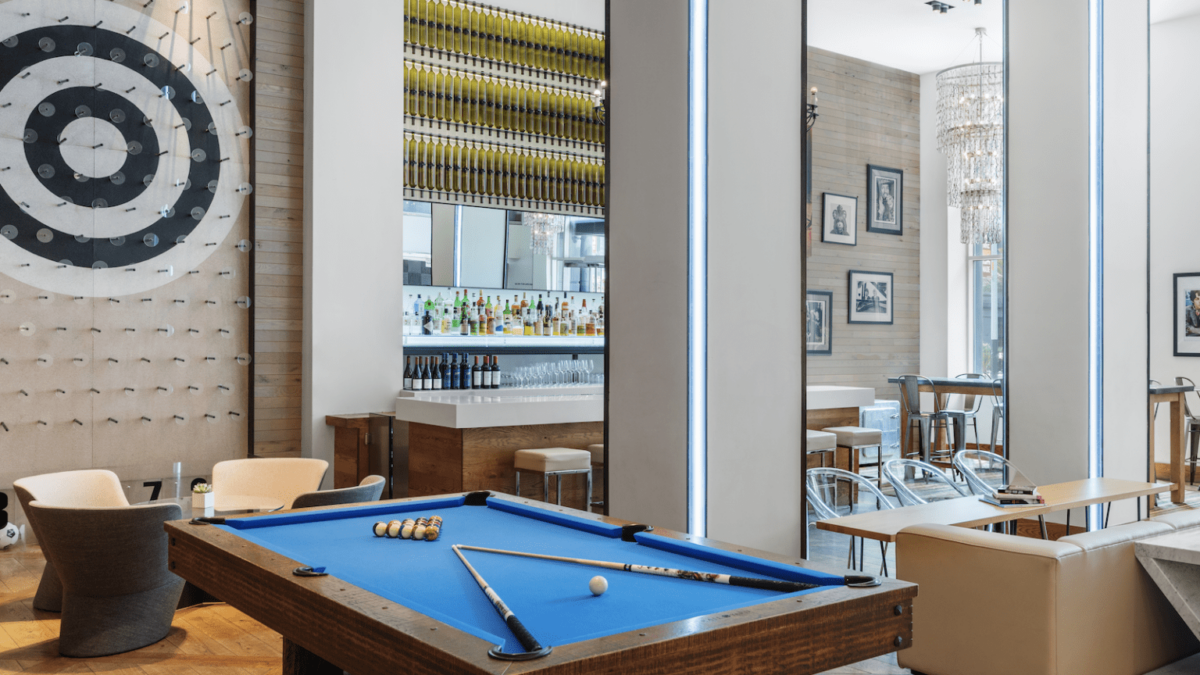 A pool table in the modern-looking bar at Hotel Zetta