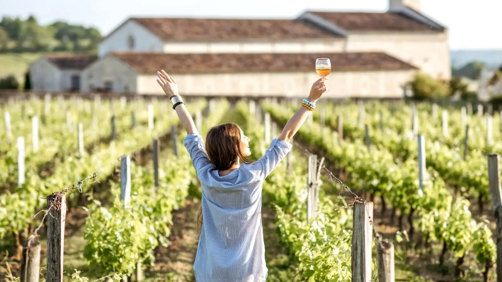 A woman stands in a vineyard with her back to the camera, experiencing one of the Top Wine Tours in Sonoma. She has both arms raised, holding a glass of wine in her right hand. She is wearing a light blue shirt and colorful bracelets. The vineyard stretches into the distance, with a large building in the background.