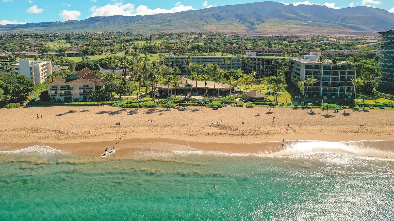 A scenic view of a sandy beach with clear blue waves gently rolling onto the shore. Beachgoers are walking and swimming. Several of the best group hotels Maui offers and lush greenery are visible in the background, with a mountainous landscape rising behind them under a partly cloudy sky.