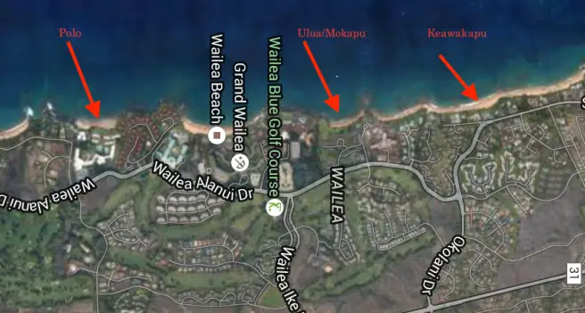 A satellite map shows a coastal area with beaches labeled Polo, Ulua/Mokapu, and Keawakapu. The Wailea Blue Golf Course and roads like Wailea Alanui Drive and Wailea Ike Drive are visible, along with various buildings and residential areas within the picturesque Wailea Resort.