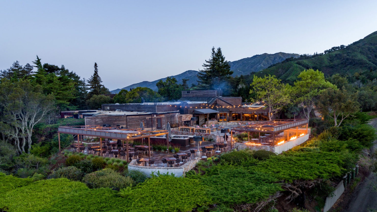 Aerial view of the Ventana Big Sur lodge, a luxurious hotel in Big Sur, California