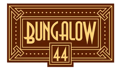 A rectangular sign with a decorative art deco design. The sign has a brown background with beige geometric patterns and the word "BUNGALOW" in a bold, stylized font. Below it, the number "44" is centered in a square—a stylish touch for any Downtown Mill Valley Restaurant Rally.