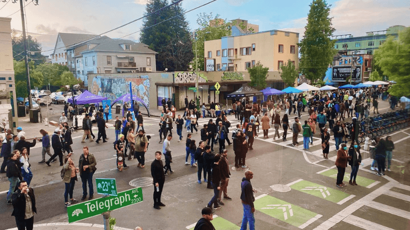 Intersection filled with people for First Fridays in Oakland