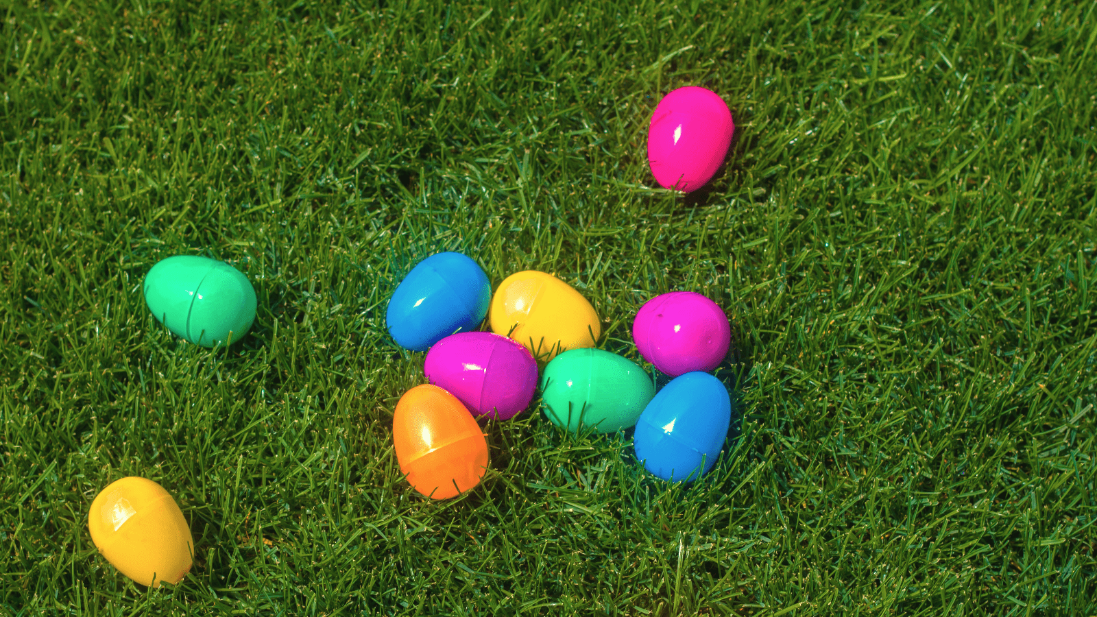 Colorful plastic easter eggs in grass