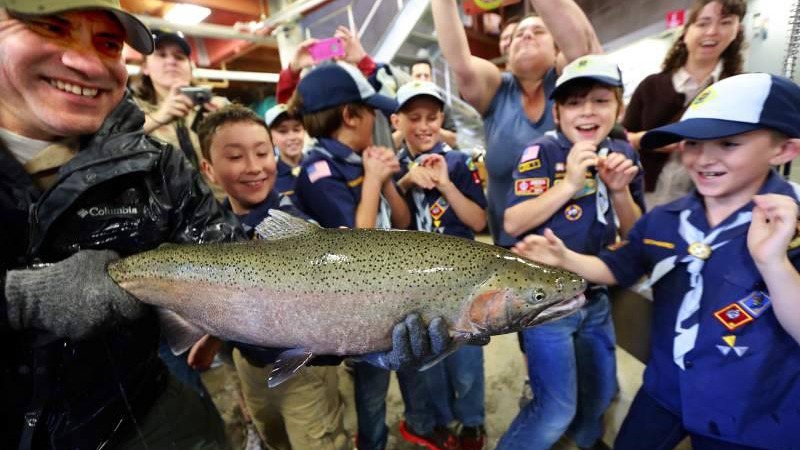 Man holds up steelhead trout for Boy Scouts at Lake Sonoma Steelhead Festival.