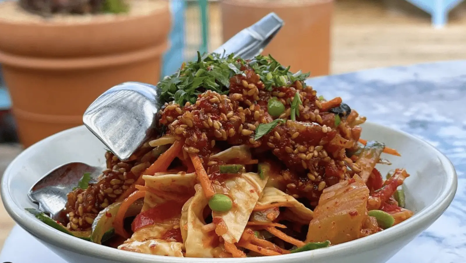 A bowl of vibrant Asian salad with cabbage, carrots, edamame, and red peppers, topped with a generous amount of sesame seeds and herbs makes for the best dinner. Two metal serving spoons are placed on top of the salad. The background features blurred potted plants, reminiscent of San Francisco's charm.