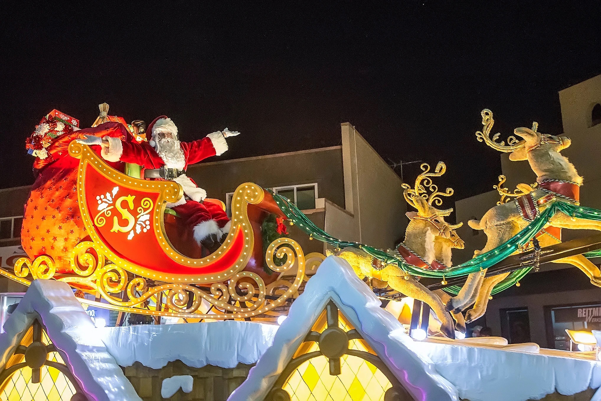 Lights display of Santa and his reindeer at Los Altos Holiday Parade.