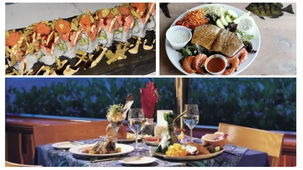 A collage of three images: the top left features sushi rolls topped with orange fish roe and garnished with sauces; the top right shows a plated fish meal with vegetables and dipping sauces; the bottom image depicts an elegant dining table set outdoors, showcasing the best dinner on Maui.