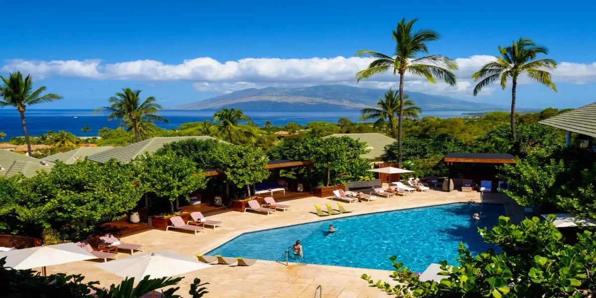 A serene outdoor pool at Hotel Wailea, a tropical resort, is surrounded by lush green trees and comfortable lounge chairs. Palm trees frame the scene with a backdrop of clear blue skies and a distant mountain range, overlooking a sparkling ocean.