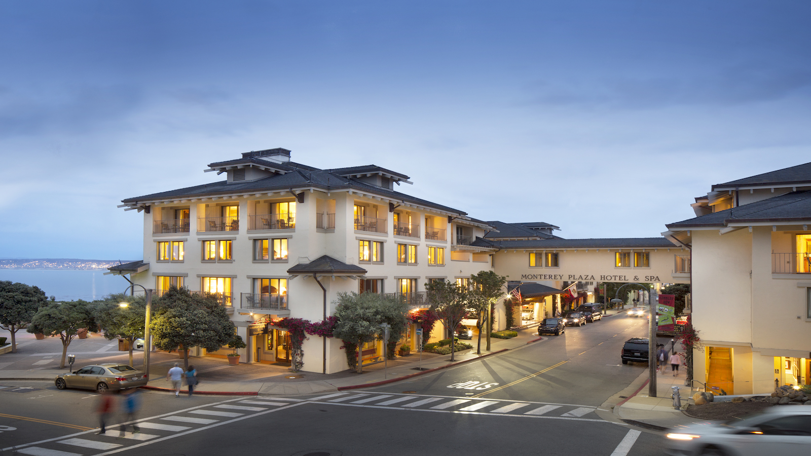 Exterior of the Monterey Plaza Hotel as seen from the streets in Monterey, California. Best Hotels on the Monterey Peninsula for Group Getaways