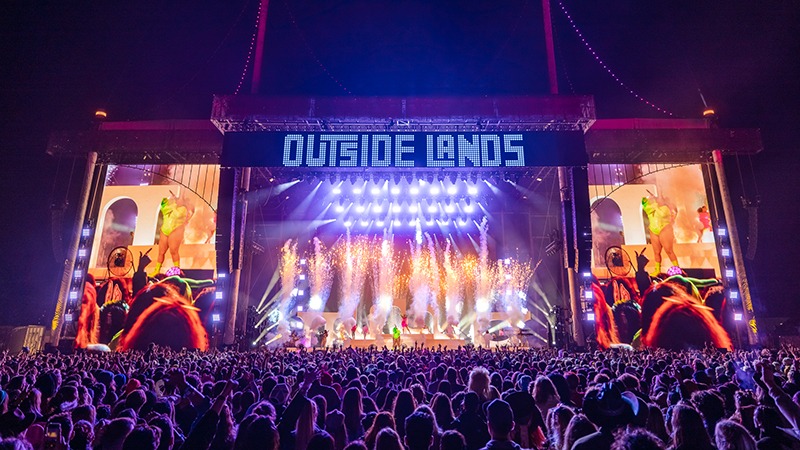 A stage is lit up by fireworks and pyrotechnics at San Francisco's Outside Lands music festival