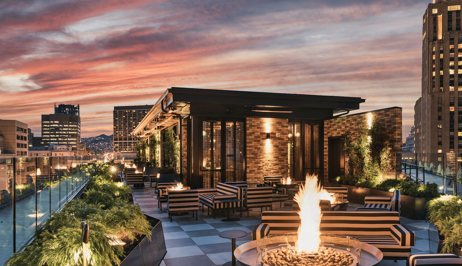 The hip outdoor patio with fire pit at Proper San Francisco