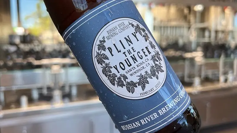 Close-up of a bottle of Pliny the Younger beer from Russian River Brewing Company. The label is blue with white text and decorative elements, indicating the beer is brewed in Santa Rosa and Windsor, California. Often featured at the Best Annual Events in the North Bay, it sits against a blurred bar backdrop.