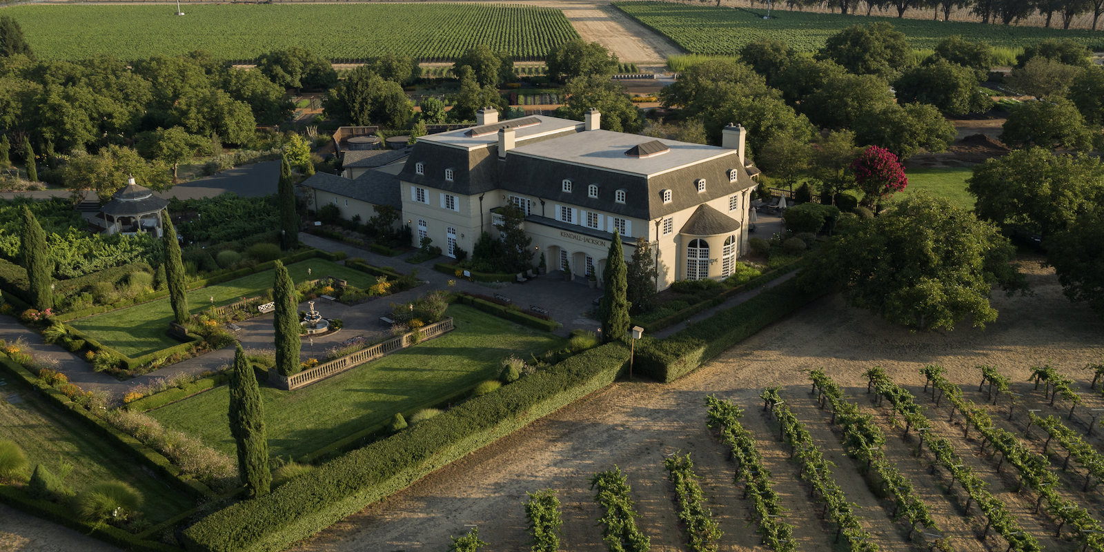 Aerial shot of large manor at Kendall-Jackson Wines Estate and Vineyards in Sonoma County, California