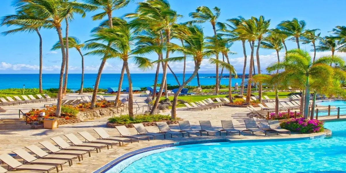 A tropical resort, Hilton Waikoloa Village, with numerous palm trees, a large pool surrounded by empty lounge chairs, and a clear view of the ocean in the background. The sky is bright blue with a few scattered clouds. Flowers and lush greenery add to the vibrant scenery.