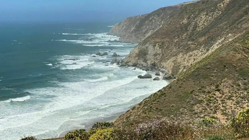 A rugged coastline with steep, rocky cliffs meets the ocean, where waves crash against the shore. The scene is framed by hills covered in sparse vegetation and wildflowers, making it one of the best hikes North Bay has to offer. The sky is clear with a hint of haze near the horizon.