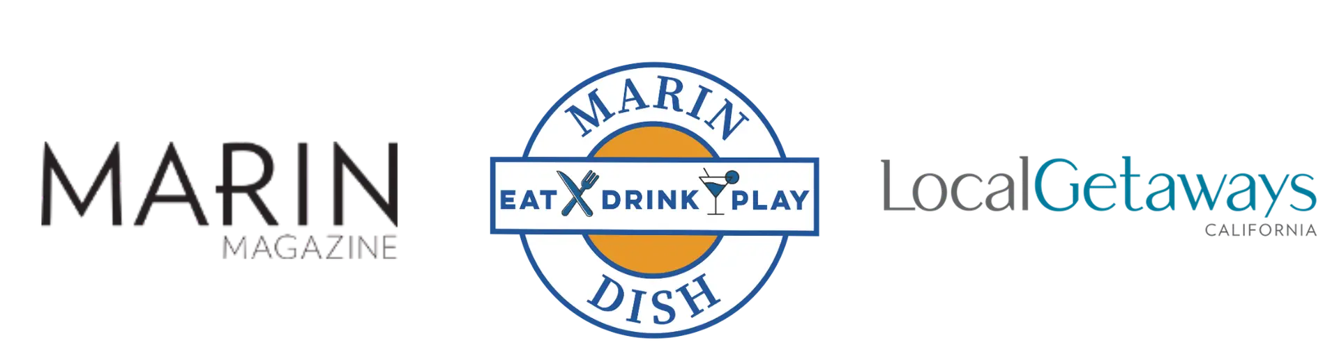 Logos of three brands in a row: "Marin Magazine" in black text on the left, "Marin Dish" in a circular design with the phrase "Eat Drink Play" in the center, and "Local Getaways" in blue and black text on the right. Perfect for highlighting events like Bay Area brunch or Downtown Mill Valley Restaurant Rally.