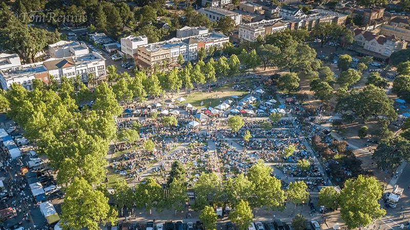 Aerial view of town gathering on Windsor Town Green for Love Wins Pride Event, Sonoma County California.