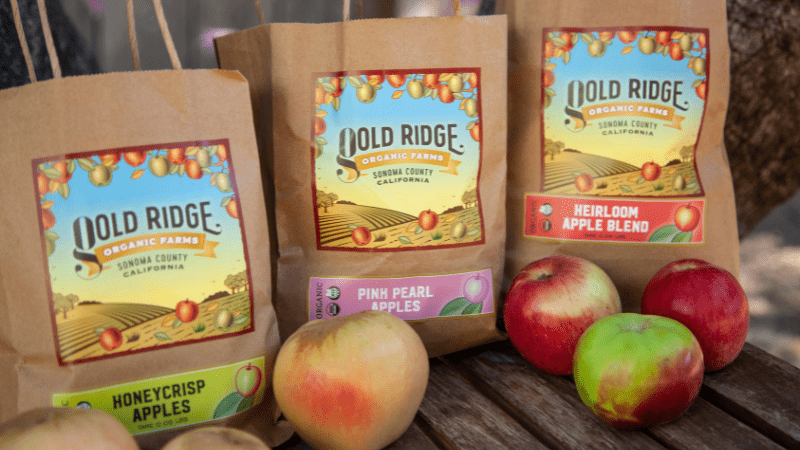 Gold Ridge Apple Farms' branded paper bags at the Heirloom Apple Celebration in Sebastopol, California.