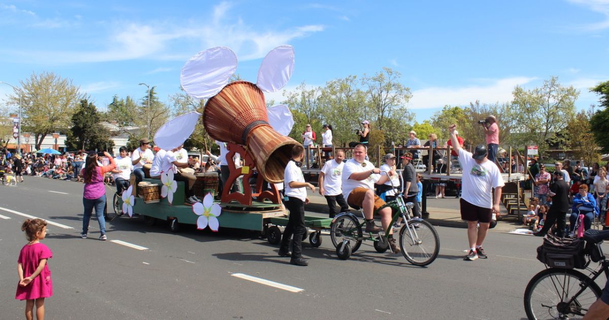 A bicycle-driven float at Apple Blossom Parade in Sonoma County