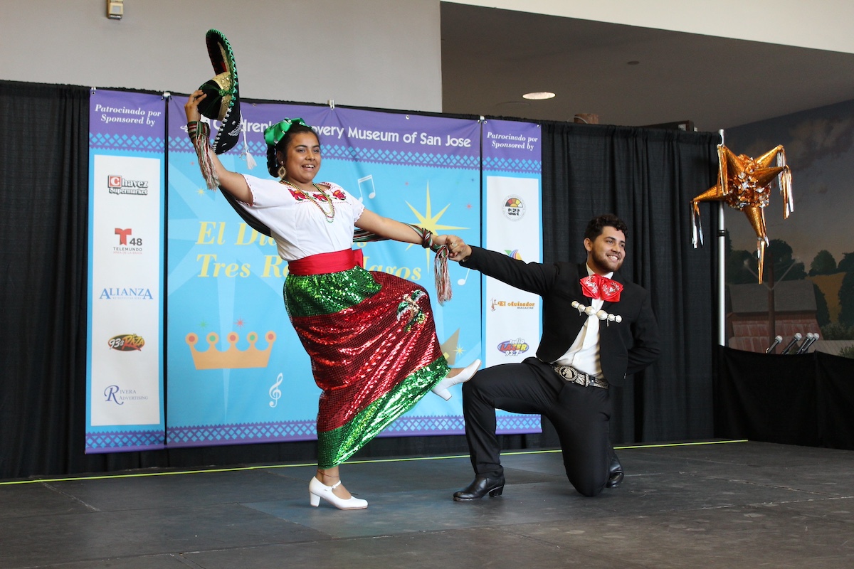 Two traditional Mexican dancers at Three Kings Day at Childrens Discovery Museum San Jose