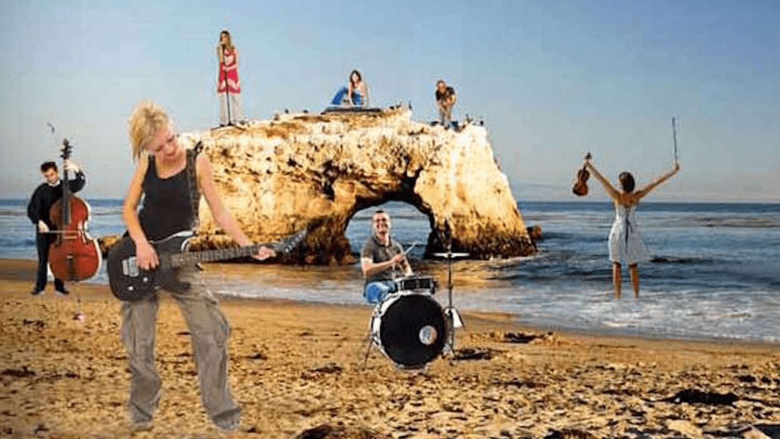 Photoshopped image of kids playing instruments on the beach for Santa Cruz Jazz Fest in Santa Cruz, California.