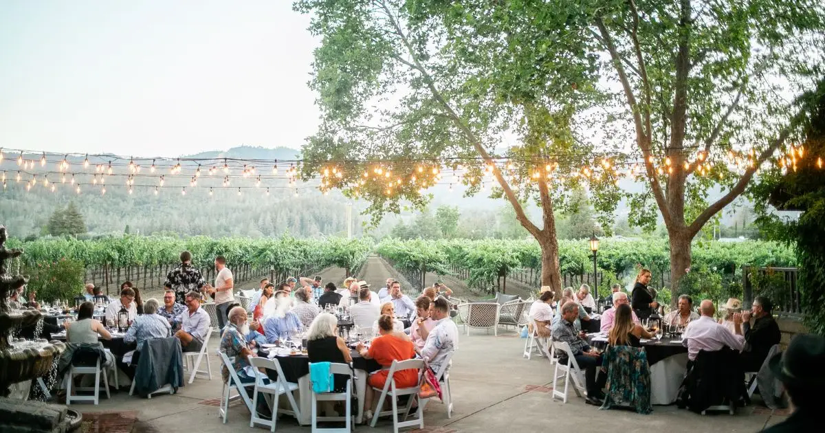 A large group of people are gathered outdoors at a vineyard in wine country for an event. They are seated at round tables decorated with white linens under string lights. In the background, there are rows of grapevines and a hilly landscape. It appears to be late afternoon or early evening.