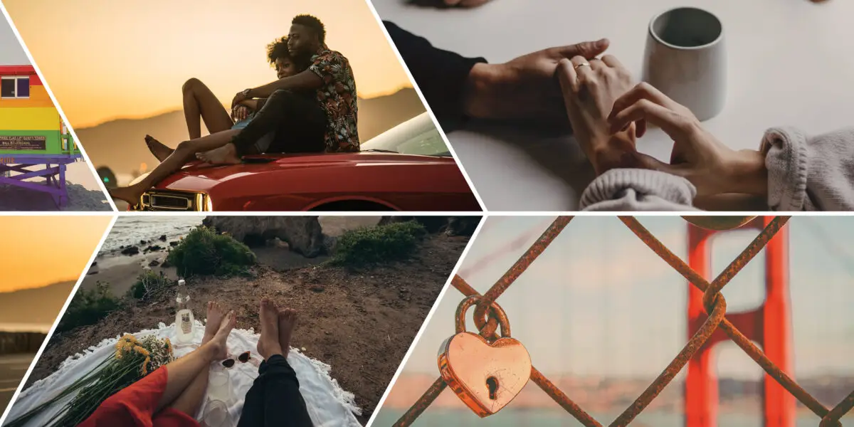 A collage of romantic moments: top left, a couple on a car during sunset; top right, two people holding hands over coffee; bottom left, two people relaxing at a beach picnic near romantic hotels in the Bay Area; bottom right, a heart-shaped lock on a fence with a bridge in the background.