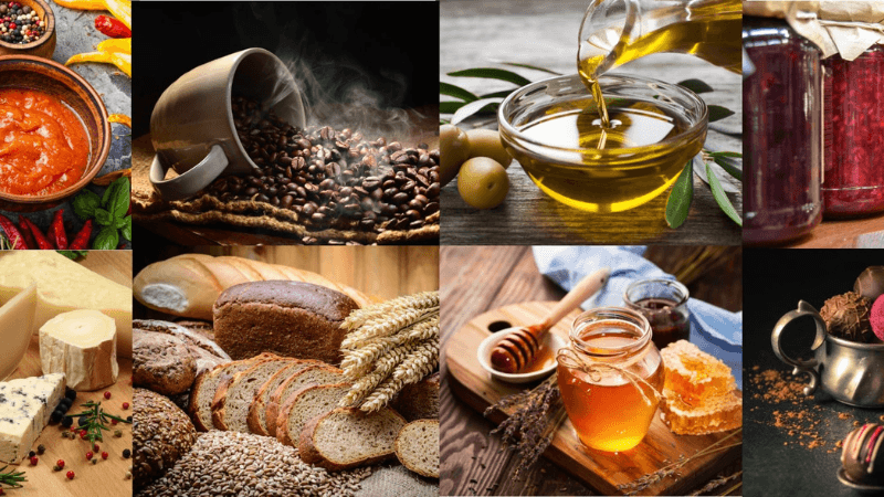Collage of foods like honey, bread and coffee beans for Petaluma Holiday Food and Fun Festival in Sonoma county, California