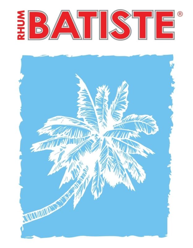 Image shows a stylized logo for "Rhum Batiste". The top of the image has the word "BATISTE" in large, red, uppercase letters, with "RHUM" vertically aligned in smaller letters to the left. Below is a white, sketch-like palm tree on a light blue background, reminiscent of Mill Valley Restaurant Rally vibes.