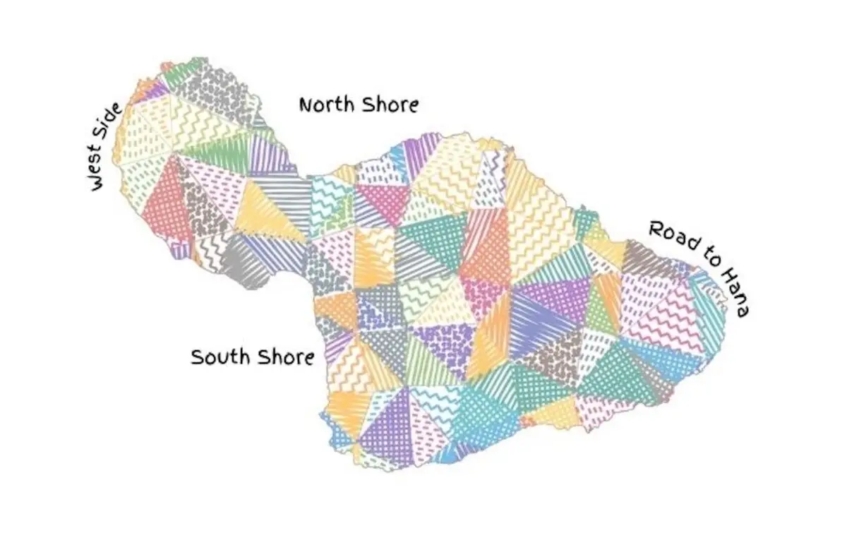 A colorful, patchwork map of an island featuring various geometric patterns. The map highlights four regions: North Shore, South Shore, West Side, and Road to Hana, each labeled in black text. Among the numerous multicolored sections are detailed sketches of Maui beaches.