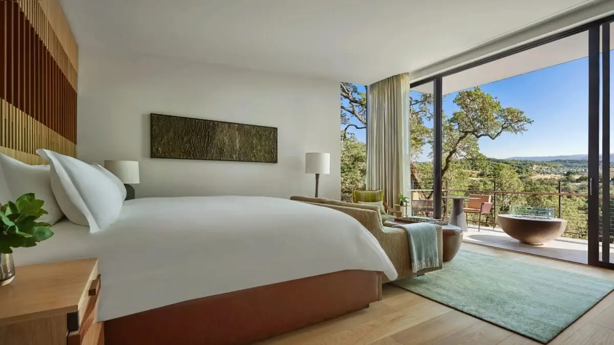 Modern bedroom with a large bed, wooden headboard, and nightstand with a potted plant. A seating area with chairs and a table is near the floor-to-ceiling glass doors, which open to a balcony offering scenic views of trees and hills. Experience comfort in this wine country hotel in Sonoma County.