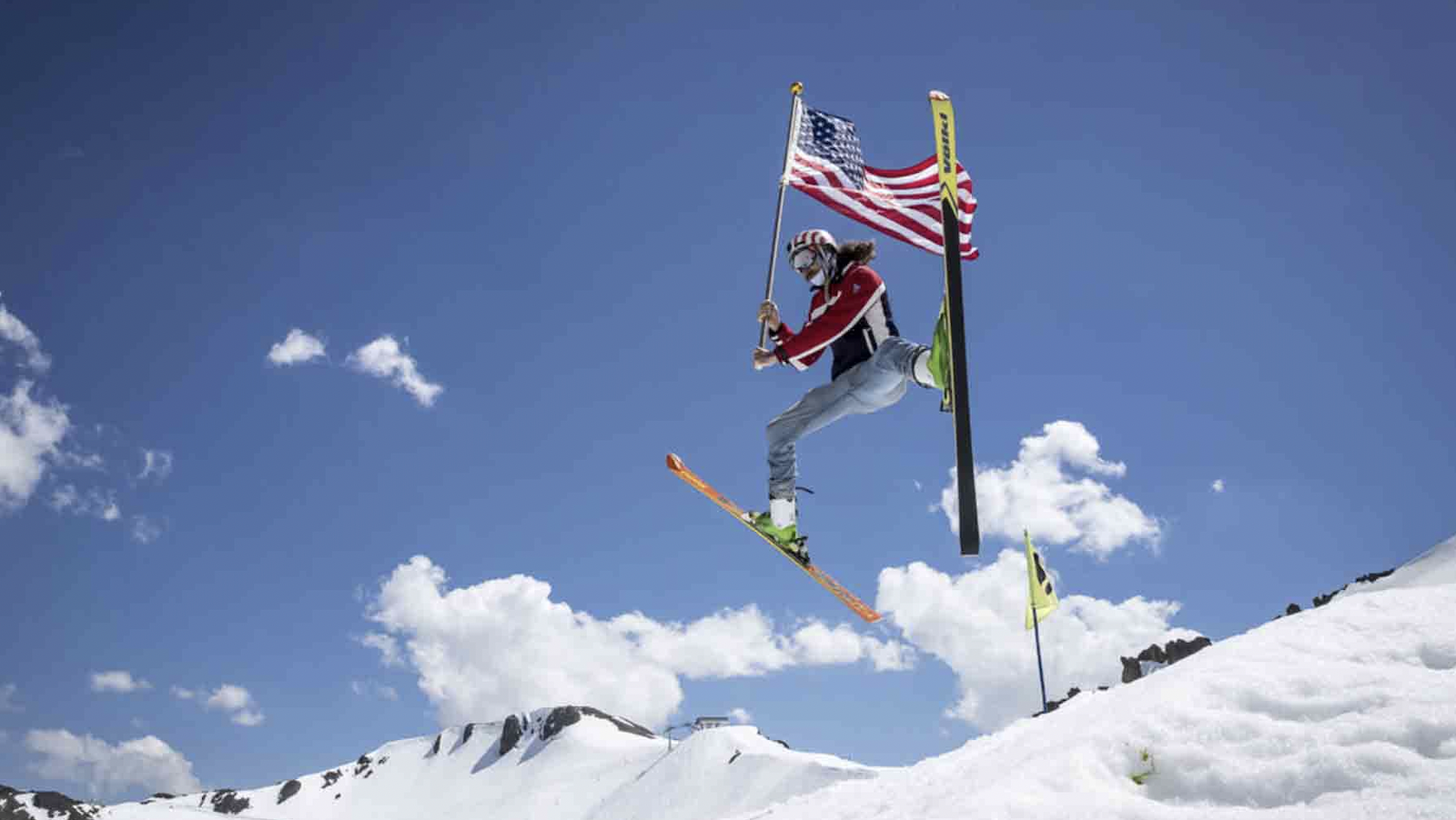 Skier makes jump with American flag at Freedom Fest Palisades Tahoe