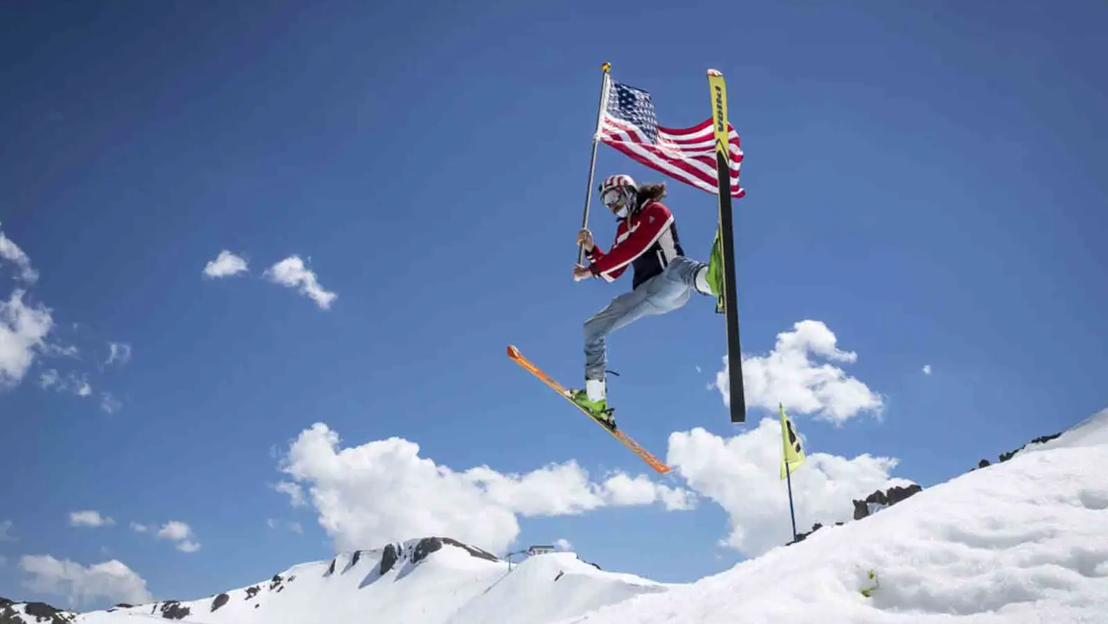 Skier makes jump with American flag at Freedom Fest Palisades Tahoe