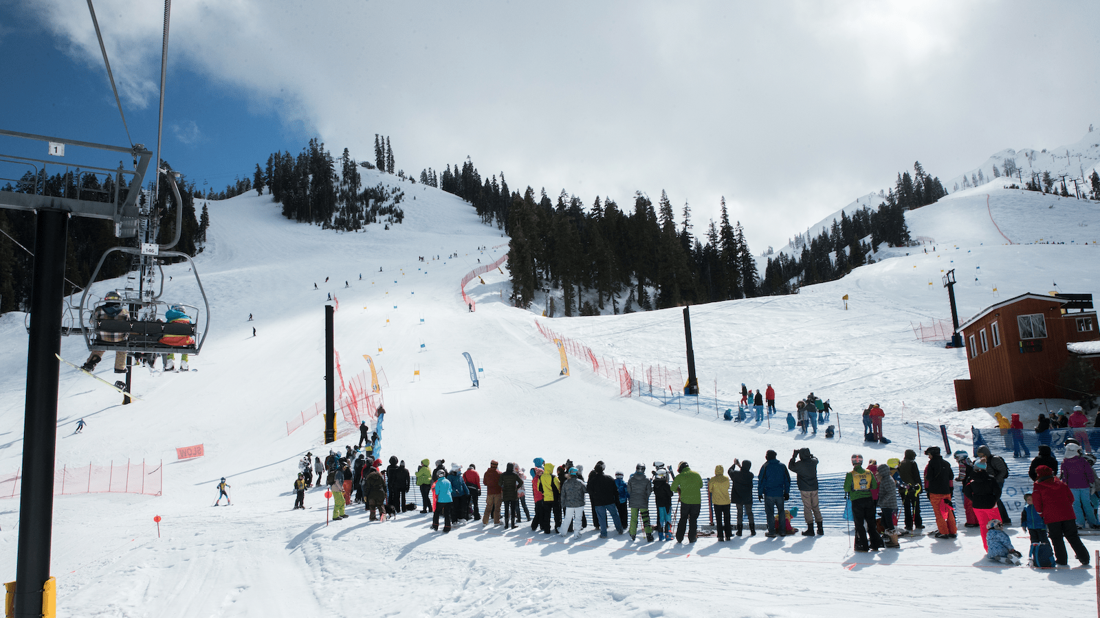 Skiers line bottom of mountain