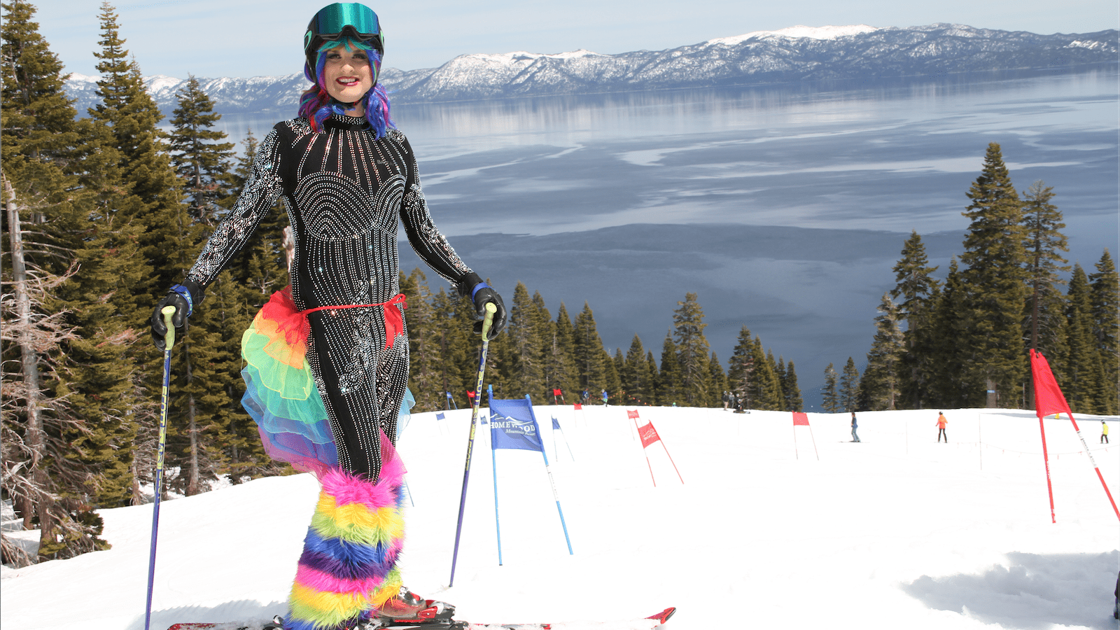 Skinner with rainbow skirt for Pride ride at Homewood Mountain Resort in Tahoe