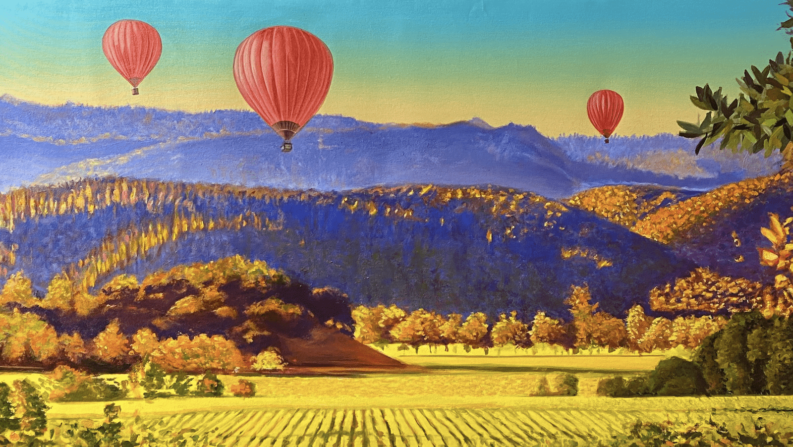 Painting of hot air balloons over Napa Valley for Mustard Celebration in Napa