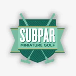 A logo for "Subpar Miniature Golf" at Ghirardelli Square features two crossed putters behind a green and teal shield with the text "SUBPAR" in large white letters and "MINIATURE GOLF" in smaller white letters below.