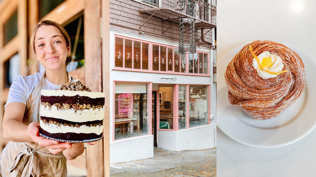 collage showing cake, building facade and croissant from Butter and Crumble in San Francisco