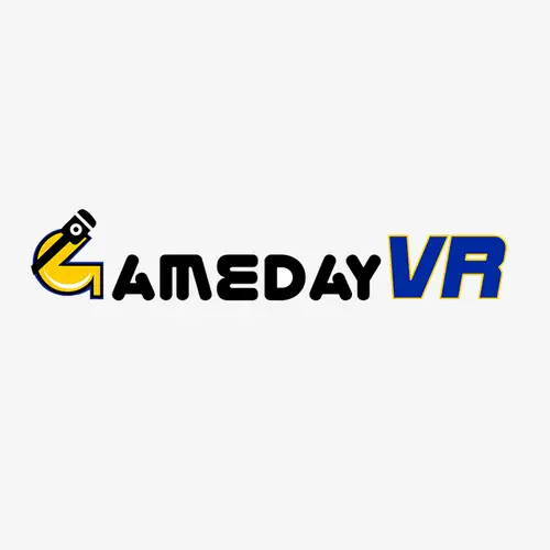 The image features the logo of "GamedayVR." The word "Gameday" is written in black text, with the letter "G" stylized to resemble a yellow and black virtual reality headset. "VR" is written in blue with a yellow outline. The sleek design evokes the charm of Ghirardelli Square against a plain white background.