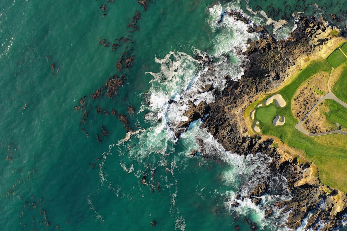 Aerial view of PGA golf course AT&T Pebble Beach Pro Am in Monterey, California.
