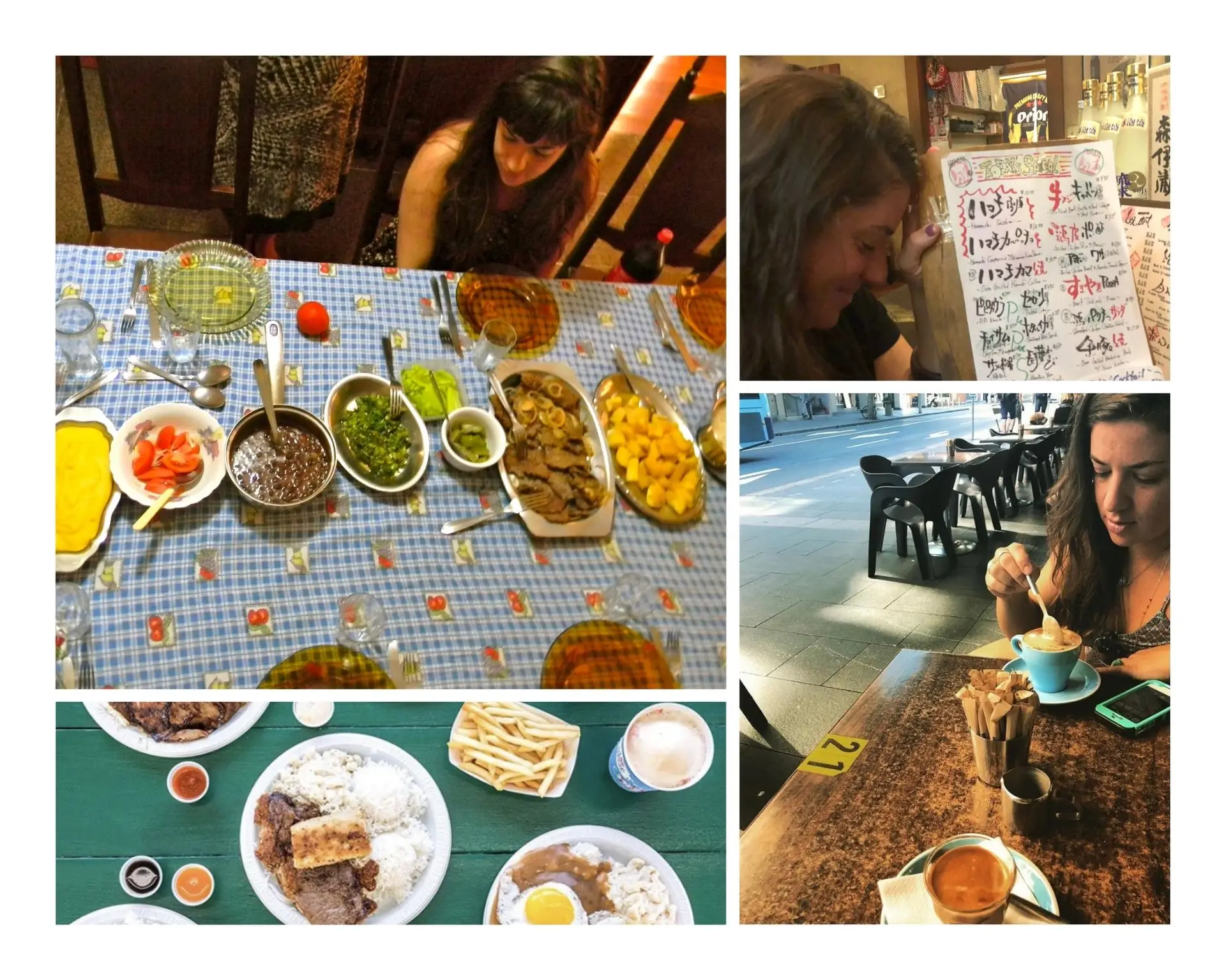 A collage of restaurant scenes featuring Hawaii food articles. Top left: A woman looks at an assorted meal on a table. Top right: A woman reads a menu. Bottom right: A woman eats soup at an outdoor café. Bottom left: A table with rice, meat, fries, and eggs. Center: A spread of dishes on a table.