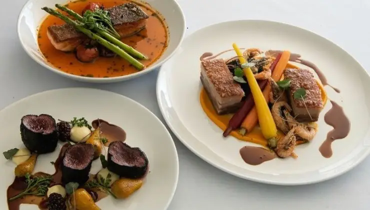 Three dishes are presented on a white table. The first dish features salmon with asparagus and tomatoes in a red sauce. The second plate has pork belly with carrots and mushrooms. The third dish contains wild game meat with blackberries, small potatoes, and a dark sauce.