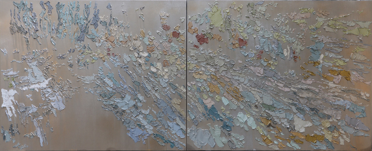 Painted spots of various gray colors - "Seam" by Brendan Stuart Burns at Caldwell Snyder Gallery
