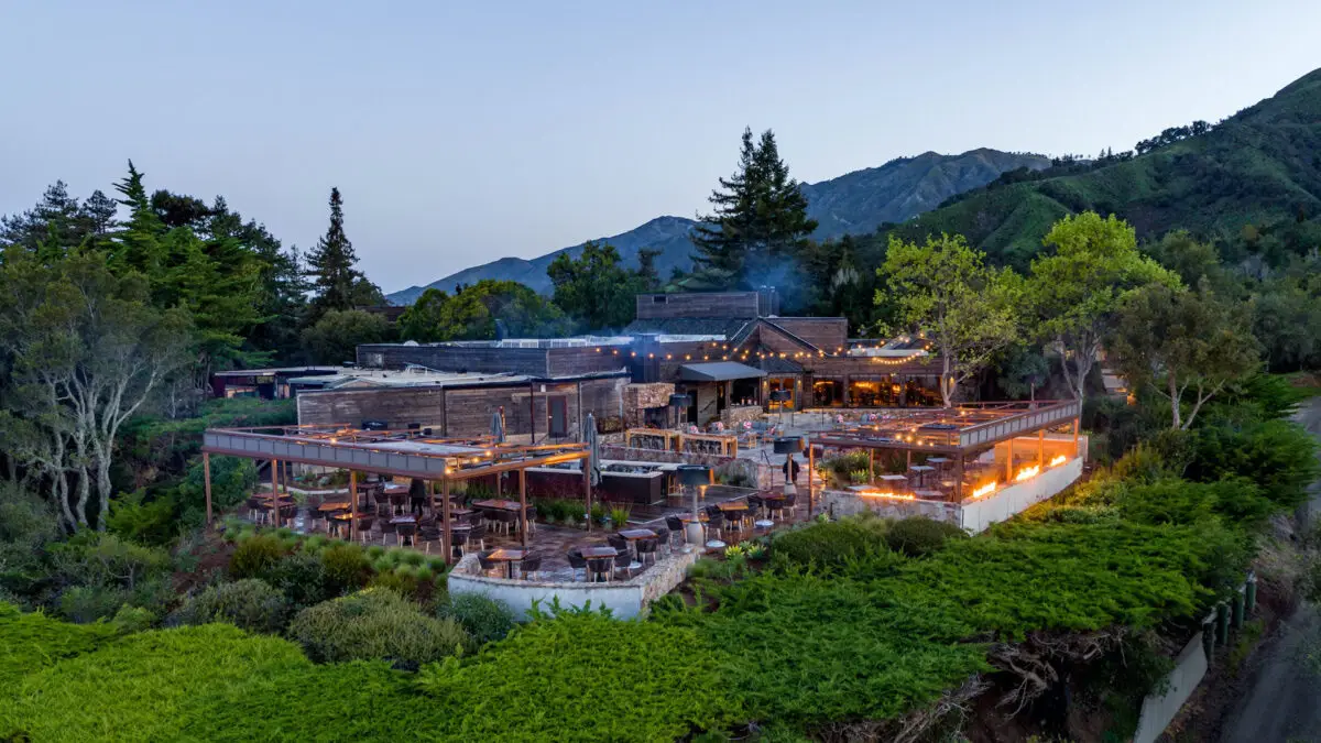 Aerial view of the luxury hotel Ventana among the forest in Big Sur, California.