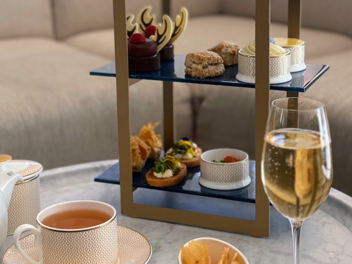 Table setting of tea, champagne and pastries on tower at Ritz-Carlton San Francisco