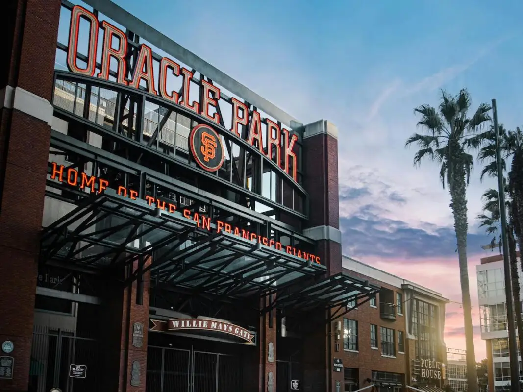 Entrance to Oracle Park Baseball stadium with palm trees, home of the Giants in San Francisco, California
