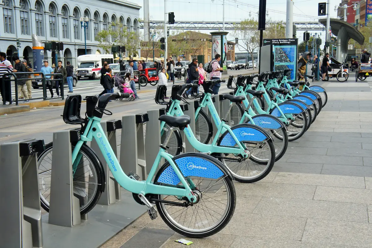 Bay Are Bike Share station with bicycles at Ferry Building Plaza In San Francisco, California