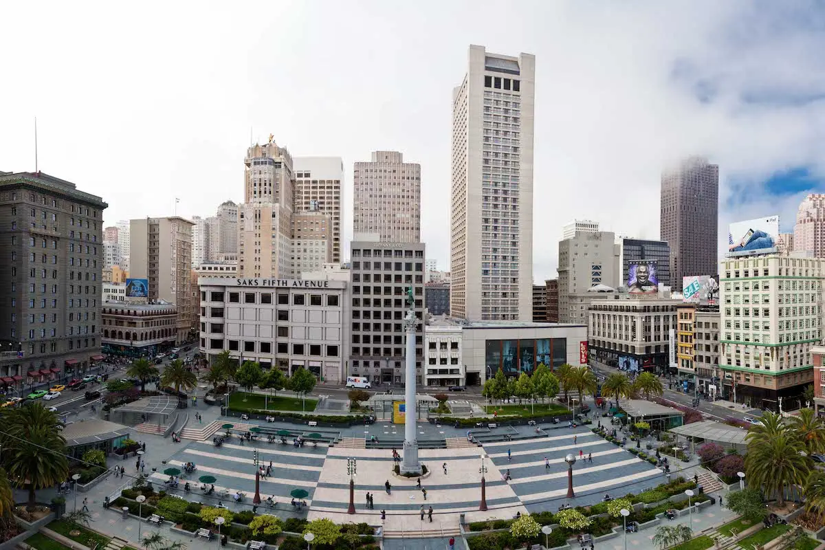 Drone shot of Union Square shopping center in San Francisco, California